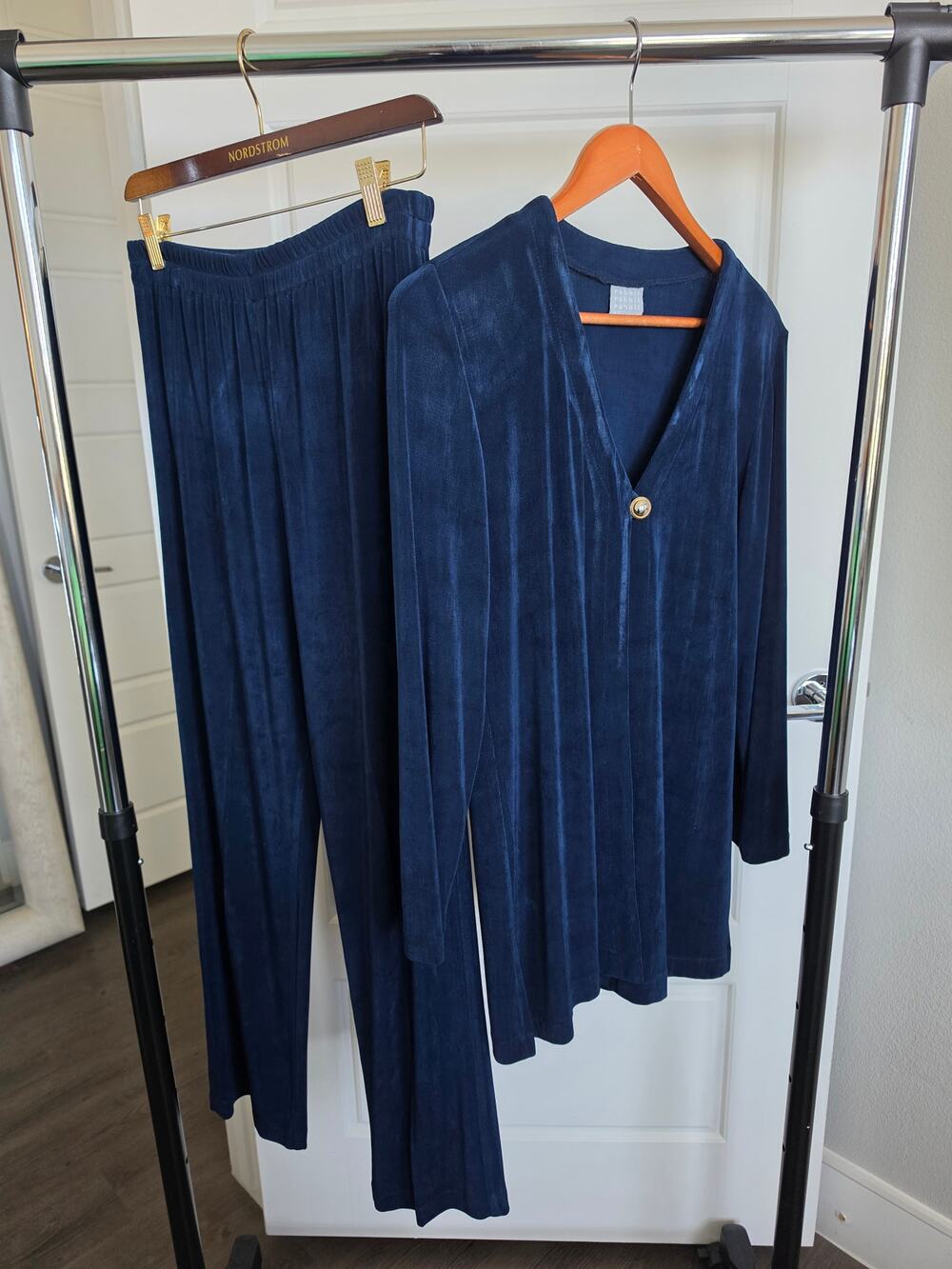 Rabbit Rabbit Designs Vintage Spandex Navy Blue Cardigan Pants Set Size 10